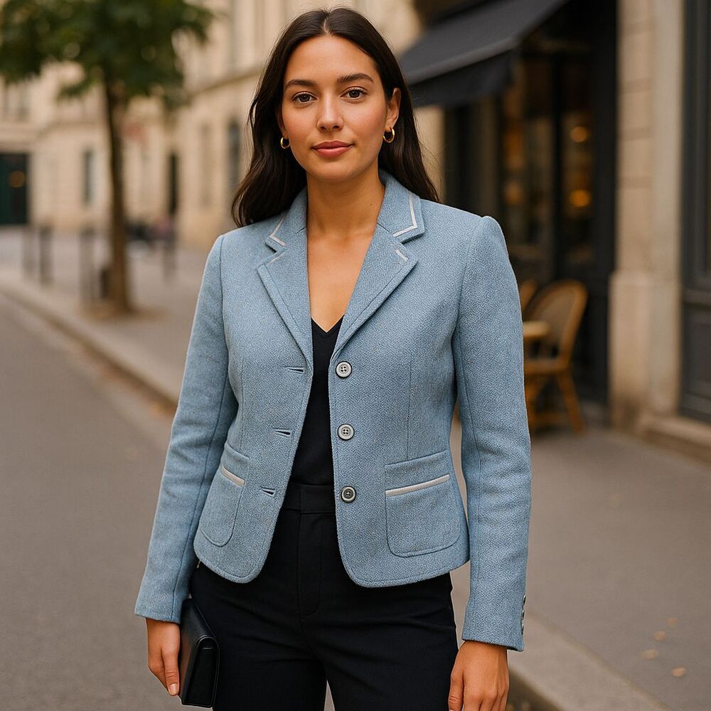 Y2K Cottagecore Feminine Workwear Old Navy Baby Blue Wool Tweed Blazer Jacket S